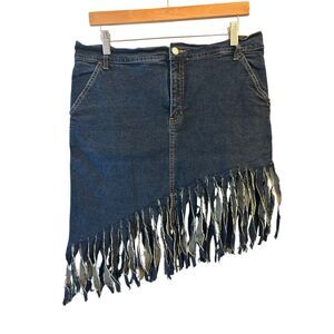 Y2K GAP Denim Fringe Skirt Women’s Size 12 Asymmetrical Raw Hem Reworked Upcycle